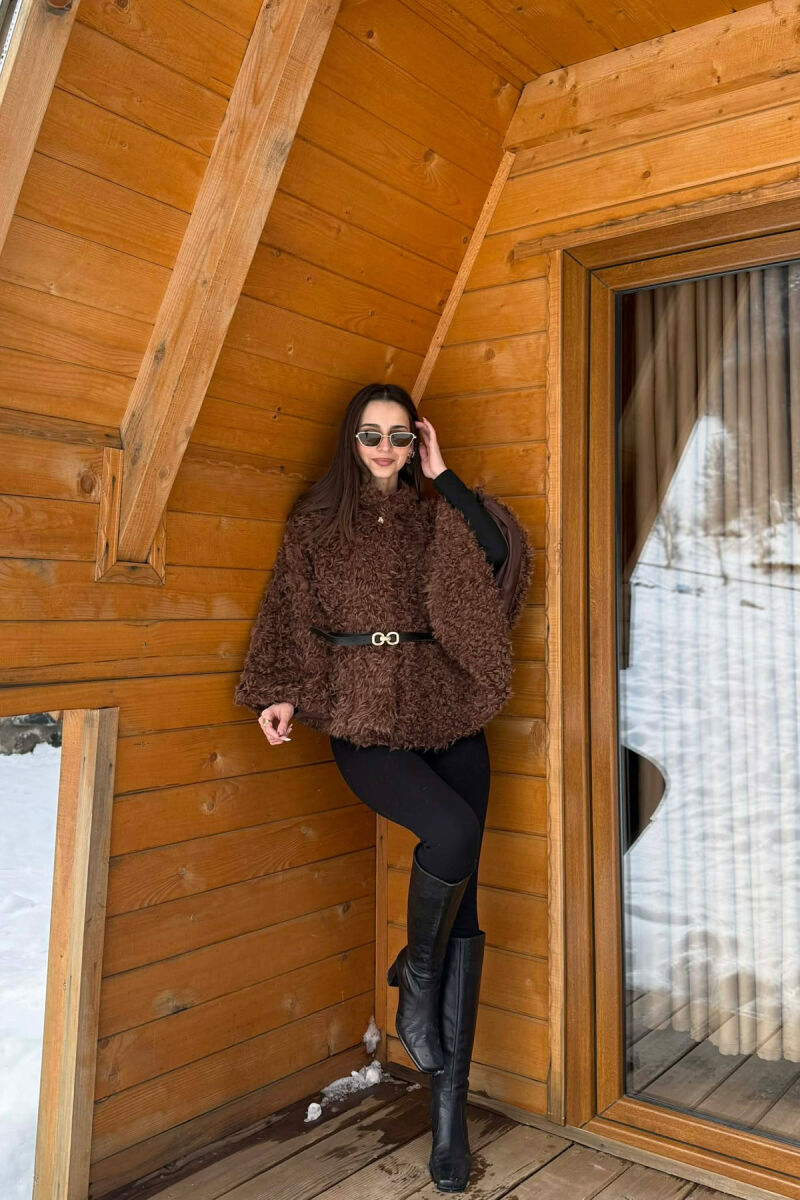 ONE COLOR WOOL BELT DETAIL WOMEN CAPE COAT BROWN/KAFE - 6