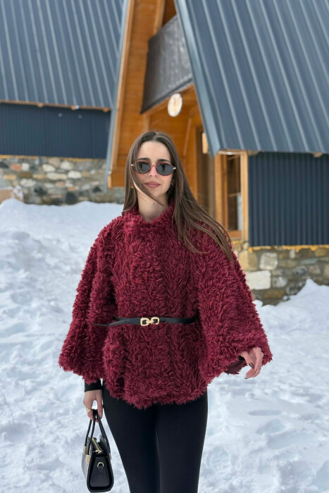 ONE COLOR WOOL BELT DETAIL WOMEN CAPE COAT BURGUNDY/VISHNJE 