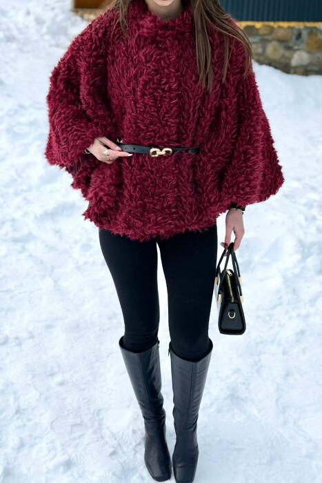 ONE COLOR WOOL BELT DETAIL WOMEN CAPE COAT BURGUNDY/VISHNJE - 2