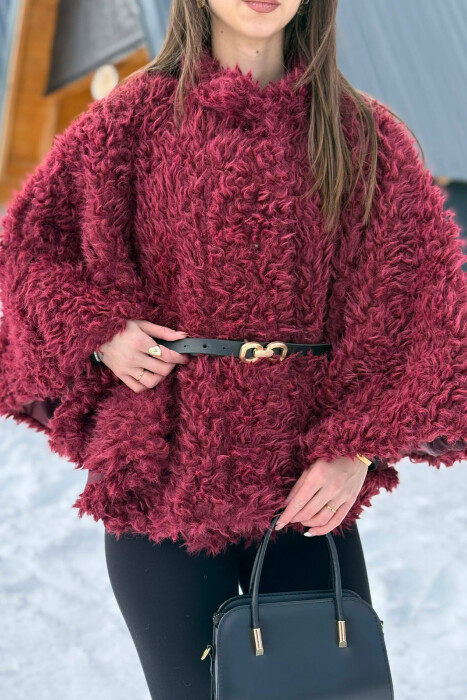 ONE COLOR WOOL BELT DETAIL WOMEN CAPE COAT BURGUNDY/VISHNJE - 4