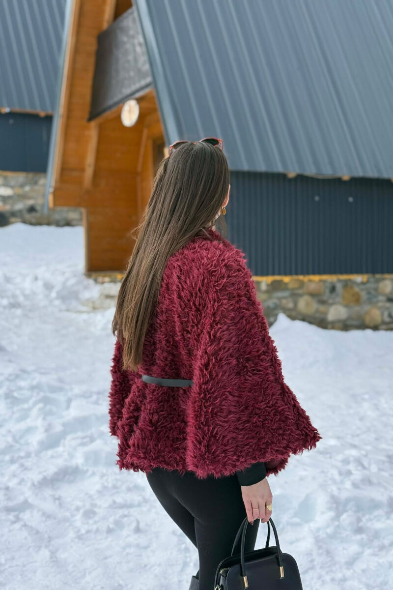 ONE COLOR WOOL BELT DETAIL WOMEN CAPE COAT BURGUNDY/VISHNJE - 5