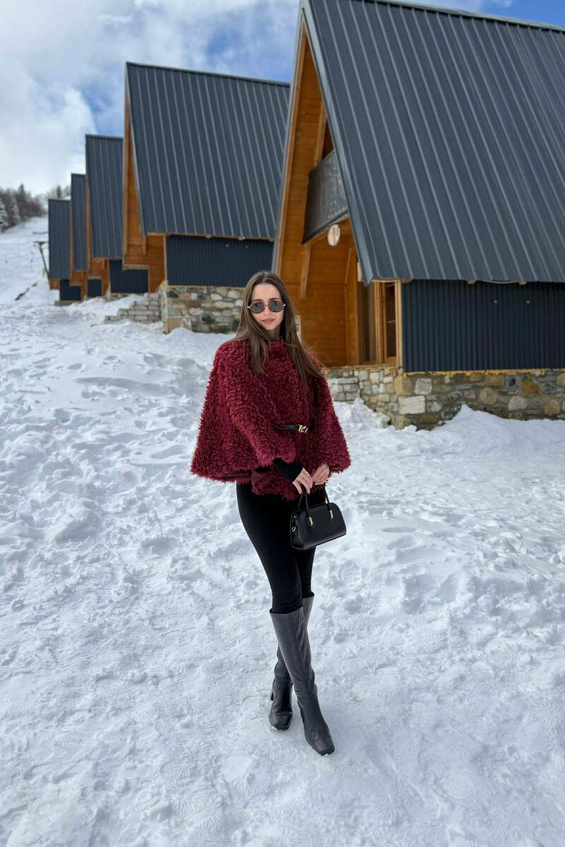 ONE COLOR WOOL BELT DETAIL WOMEN CAPE COAT BURGUNDY/VISHNJE - 6