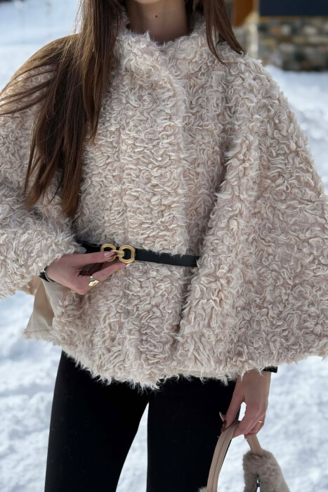 ONE COLOR WOOL BELT DETAIL WOMEN CAPE COAT CREAM/KREM - 2