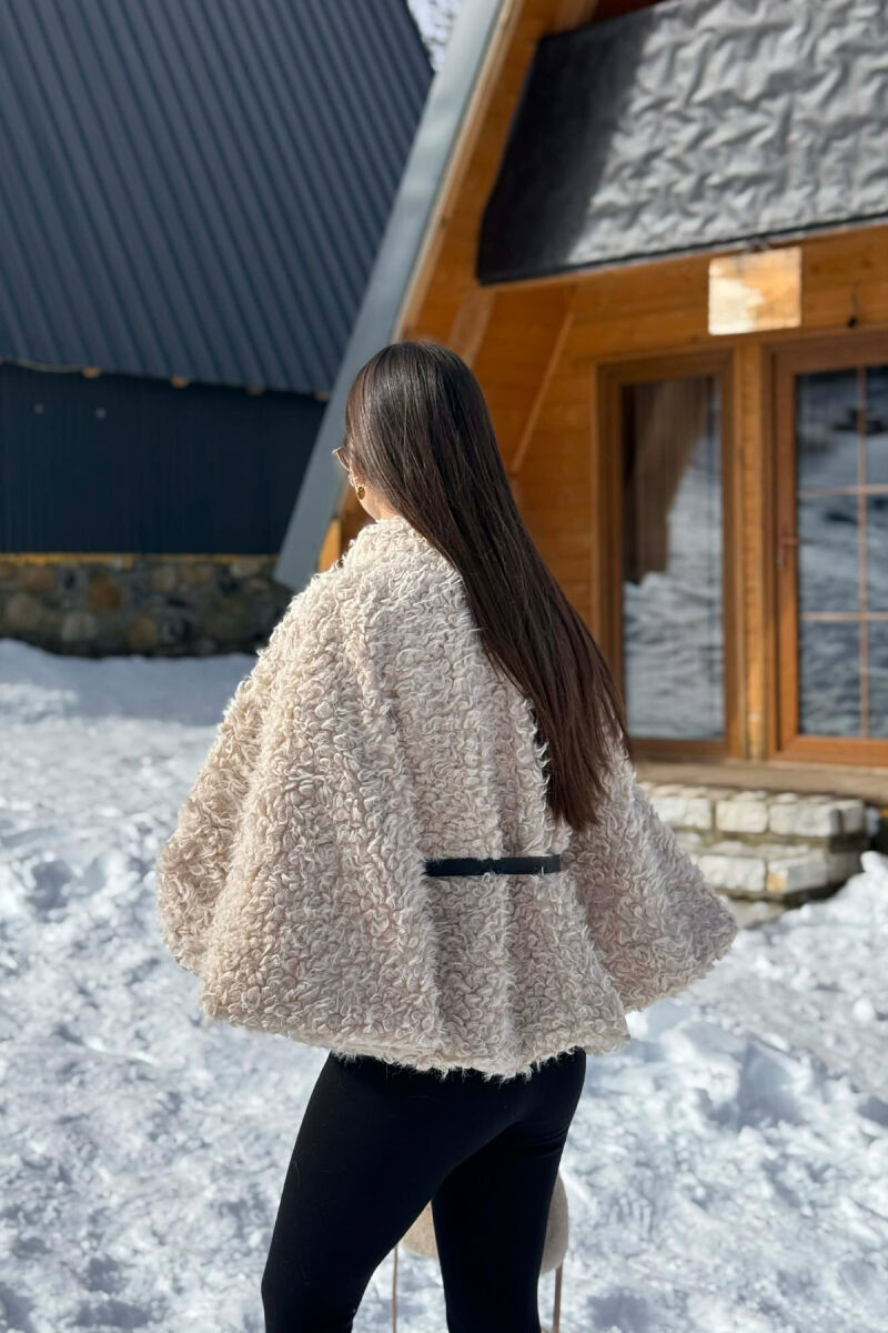 ONE COLOR WOOL BELT DETAIL WOMEN CAPE COAT CREAM/KREM - 5