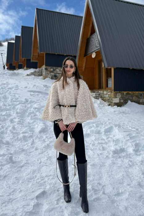 ONE COLOR WOOL BELT DETAIL WOMEN CAPE COAT CREAM/KREM - 7