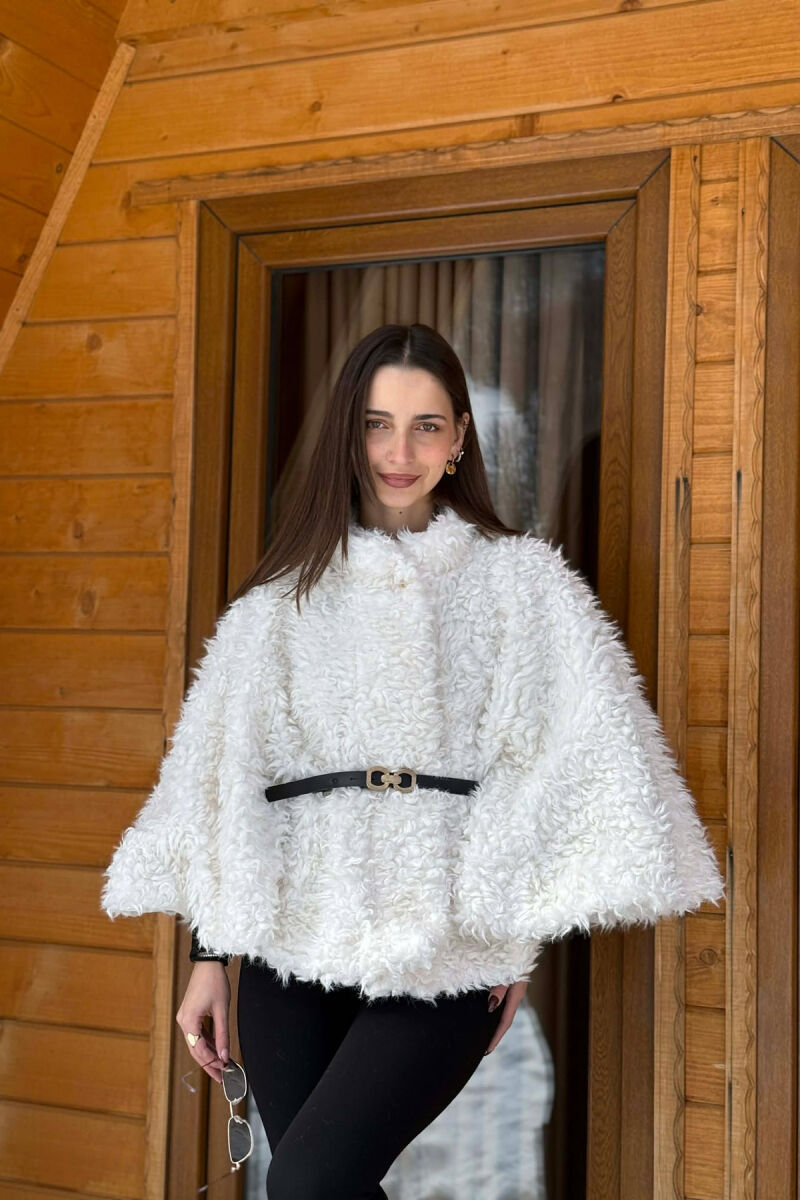 ONE COLOR WOOL BELT DETAIL WOMEN CAPE COAT WHITE-E BARDHE - 1