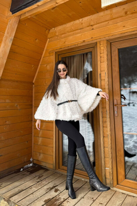 ONE COLOR WOOL BELT DETAIL WOMEN CAPE COAT WHITE-E BARDHE - 3