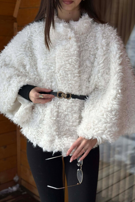 ONE COLOR WOOL BELT DETAIL WOMEN CAPE COAT WHITE-E BARDHE - 4