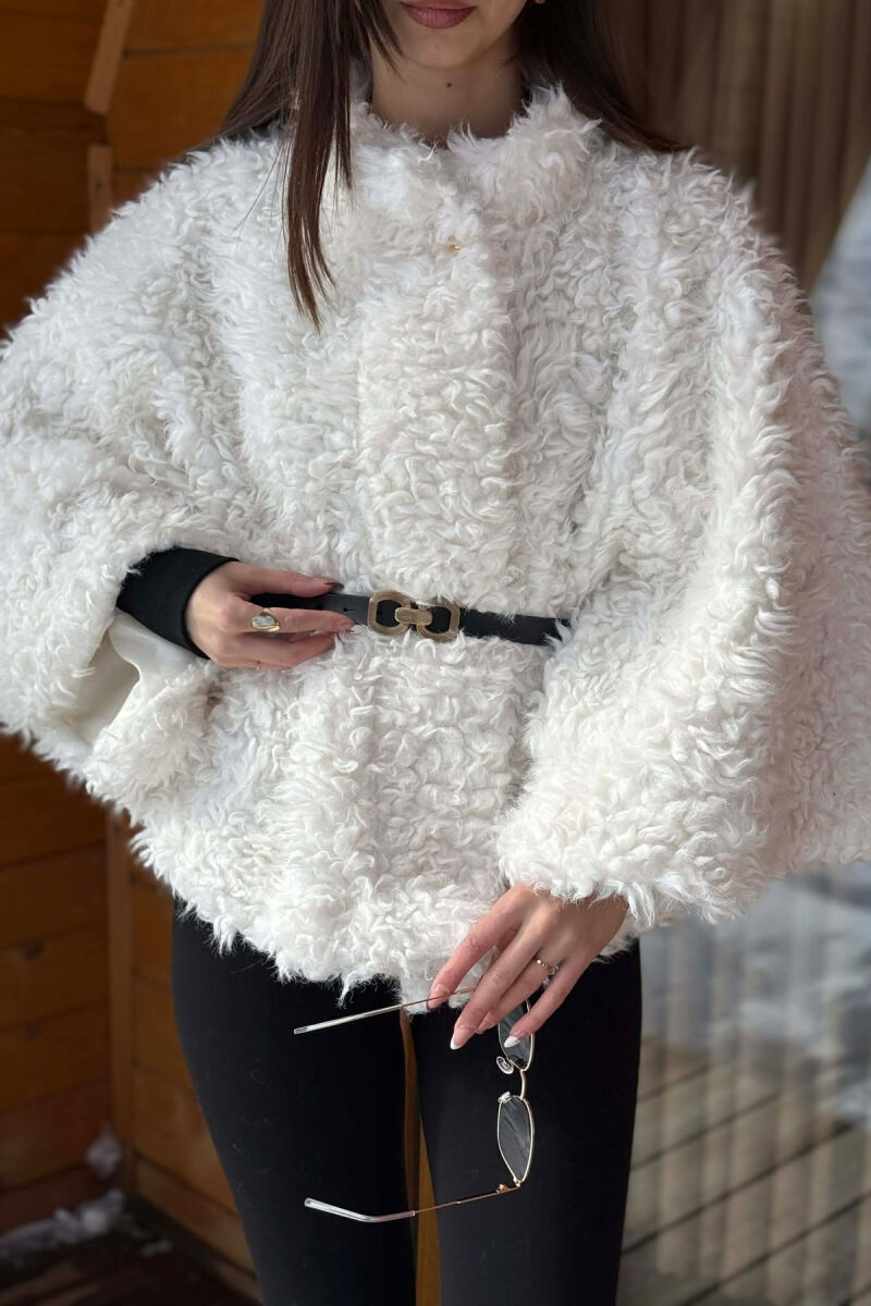 ONE COLOR WOOL BELT DETAIL WOMEN CAPE COAT WHITE-E BARDHE - 4