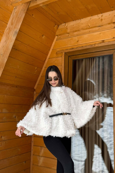 ONE COLOR WOOL BELT DETAIL WOMEN CAPE COAT WHITE-E BARDHE - 5