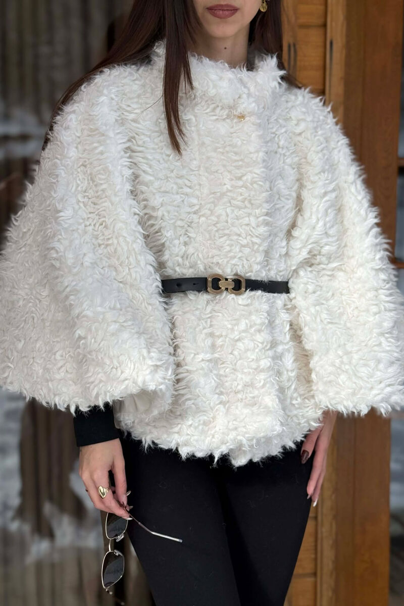 ONE COLOR WOOL BELT DETAIL WOMEN CAPE COAT WHITE-E BARDHE - 6