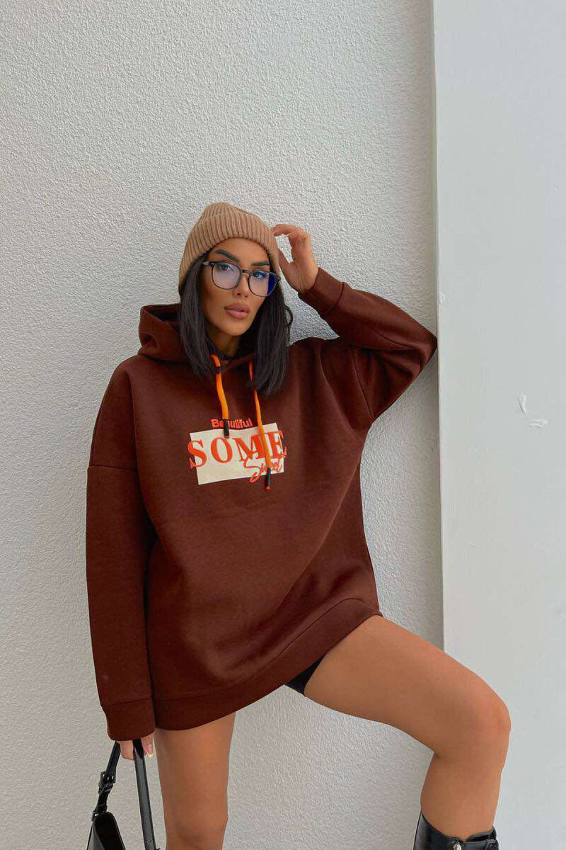 ONE COLOR WRITINGS WOMAN HOODIE BROWN/KAFE - 3