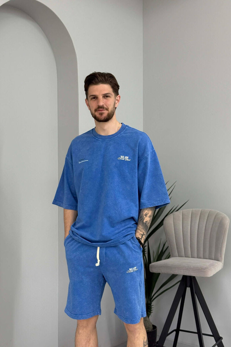 ONE COLOR WRITTINGS T-SHIRT + SHORTS MEN SET BLUE/BLU - 2