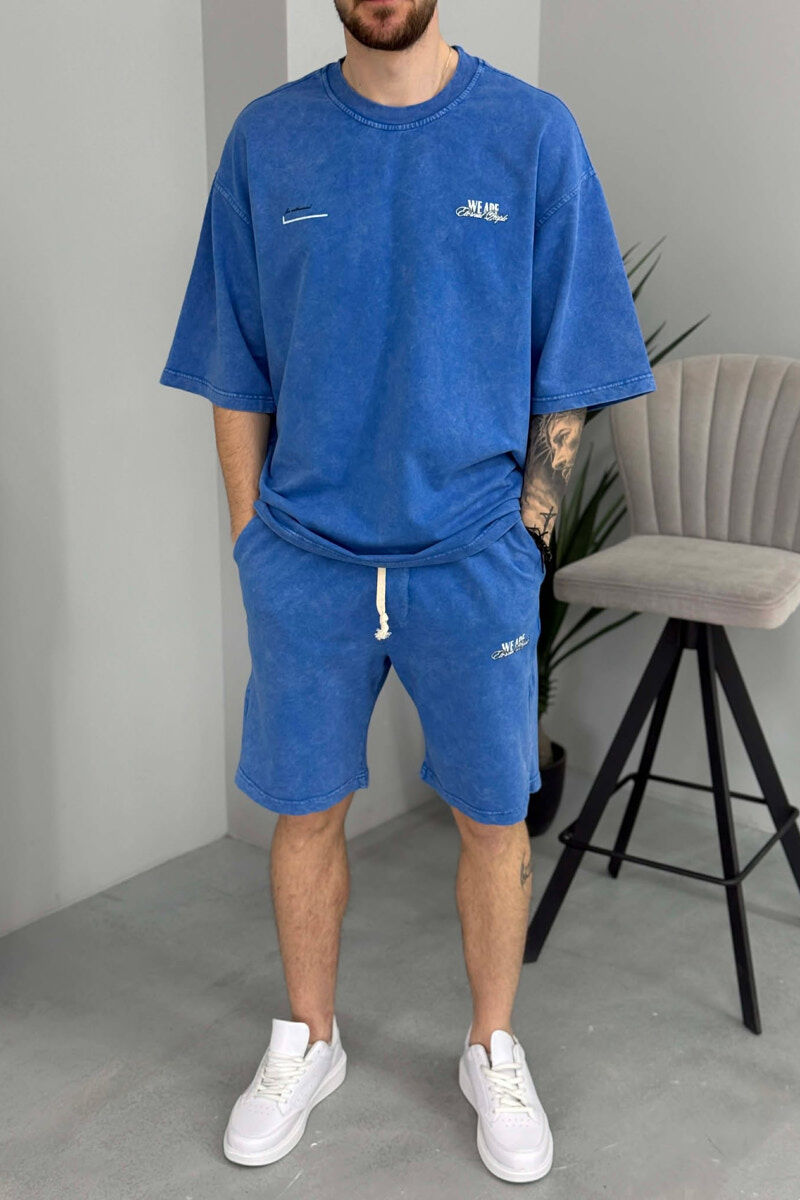 ONE COLOR WRITTINGS T-SHIRT + SHORTS MEN SET BLUE/BLU - 3