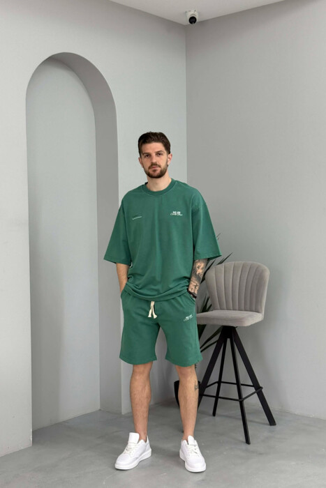 ONE COLOR WRITTINGS T-SHIRT + SHORTS MEN SET GREEN/JESHILE - 