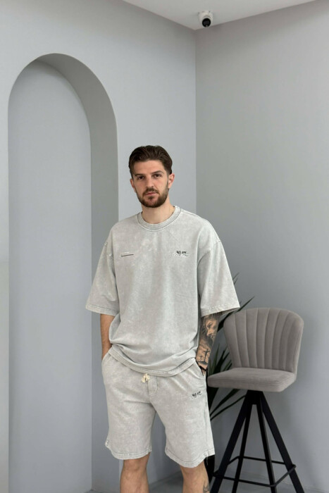 ONE COLOR WRITTINGS T-SHIRT + SHORTS MEN SET LIGHT GREY/GZ - 2