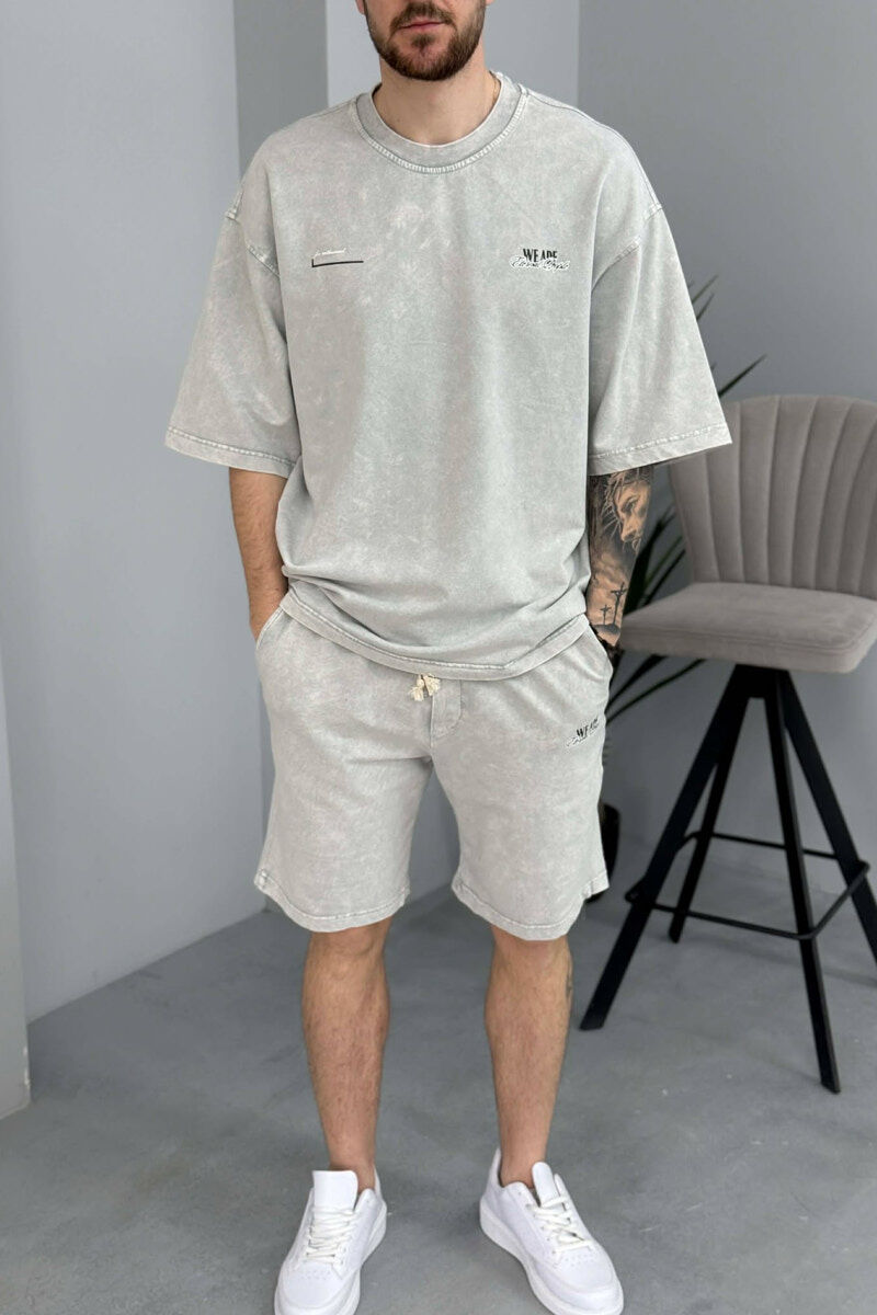 ONE COLOR WRITTINGS T-SHIRT + SHORTS MEN SET LIGHT GREY/GZ - 3