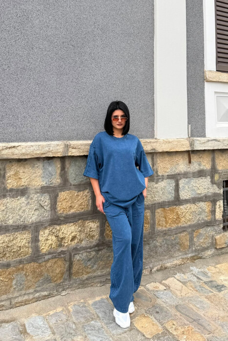 ONE COLOR WRITTINGS T-SHIRT + SWEATPANTS WOMAN SET BLUE/BLU - 1