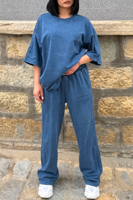 ONE COLOR WRITTINGS T-SHIRT + SWEATPANTS WOMAN SET BLUE/BLU - 3