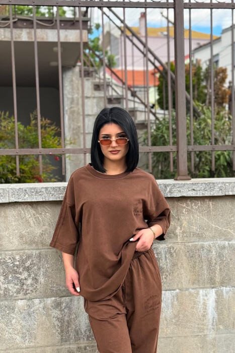 ONE COLOR WRITTINGS T-SHIRT + SWEATPANTS WOMAN SET BROWN/KAFE - 2