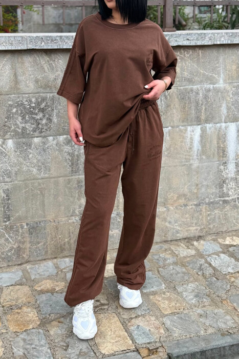 ONE COLOR WRITTINGS T-SHIRT + SWEATPANTS WOMAN SET BROWN/KAFE - 3
