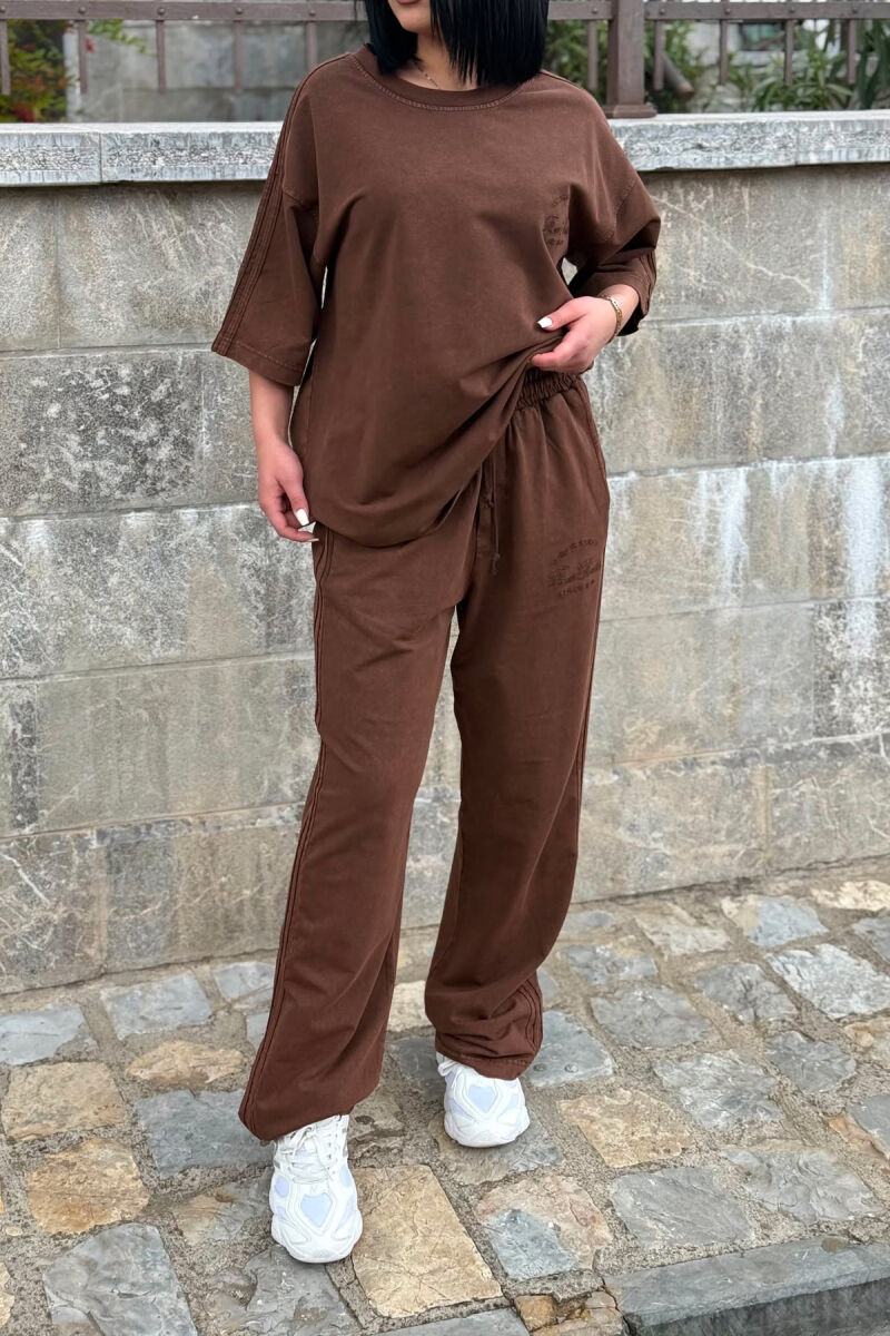 ONE COLOR WRITTINGS T-SHIRT + SWEATPANTS WOMAN SET BROWN/KAFE - 3