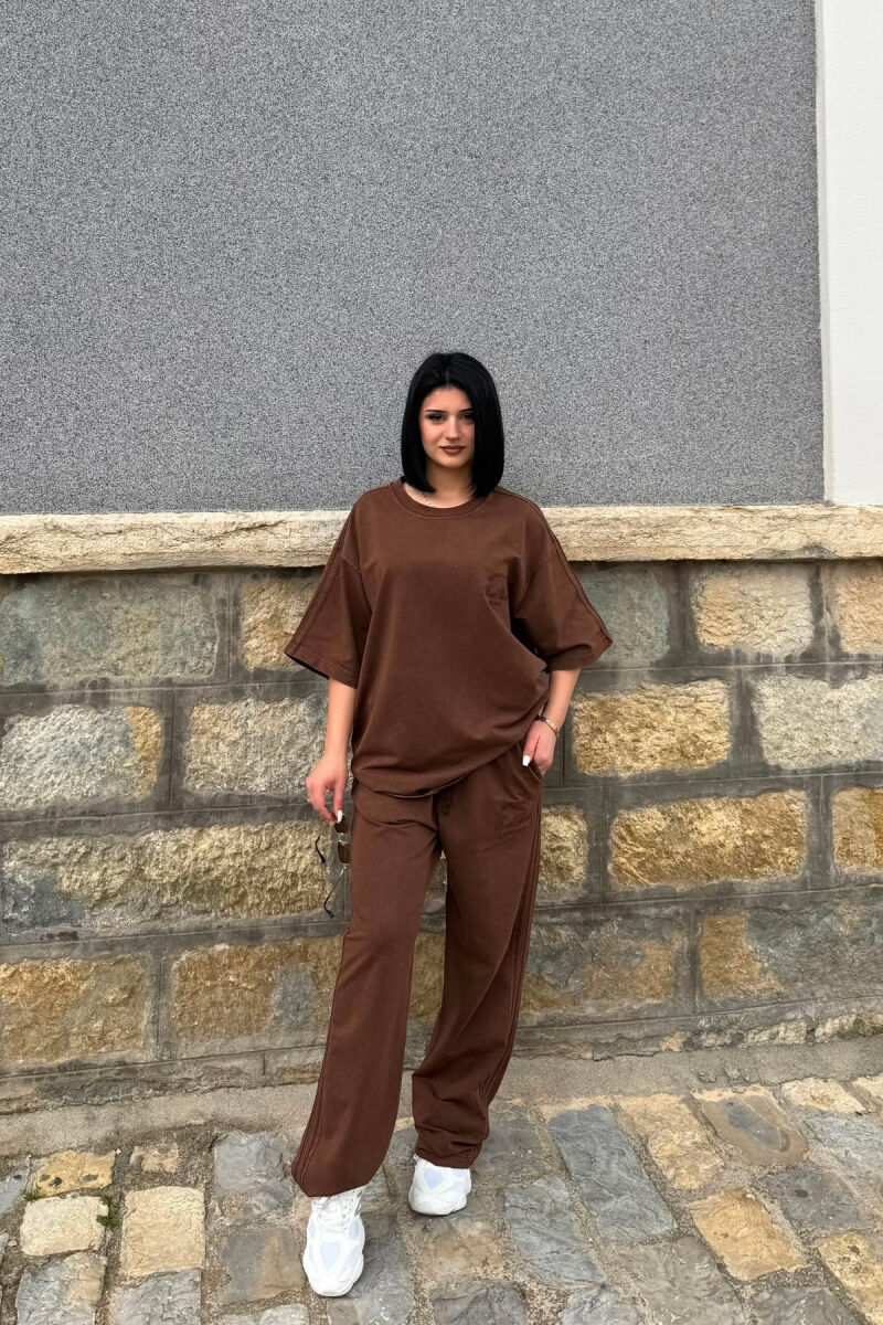 ONE COLOR WRITTINGS T-SHIRT + SWEATPANTS WOMAN SET BROWN/KAFE - 5