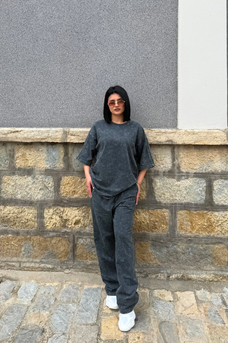 ONE COLOR WRITTINGS T-SHIRT + SWEATPANTS WOMAN SET DARK GREY/GEE - 1