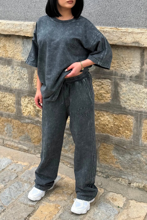 ONE COLOR WRITTINGS T-SHIRT + SWEATPANTS WOMAN SET DARK GREY/GEE - 4