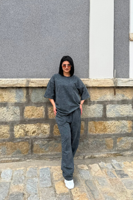 ONE COLOR WRITTINGS T-SHIRT + SWEATPANTS WOMAN SET DARK GREY/GEE - 7