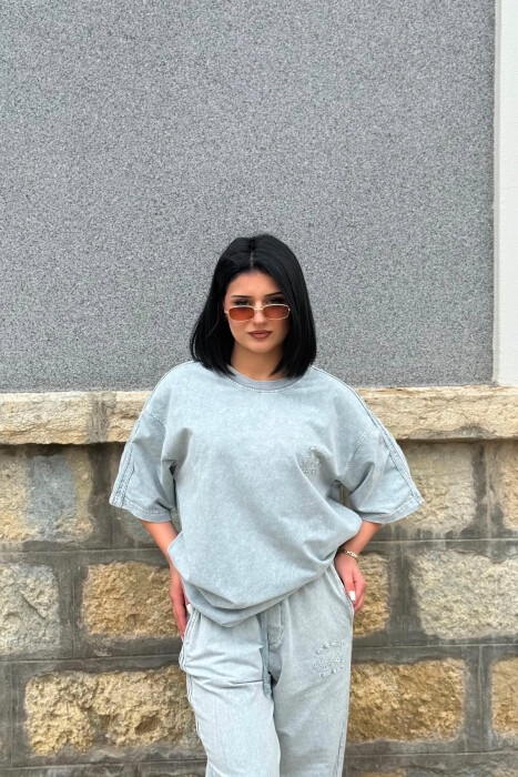 ONE COLOR WRITTINGS T-SHIRT + SWEATPANTS WOMAN SET LIGHT GREY/GZ - 4