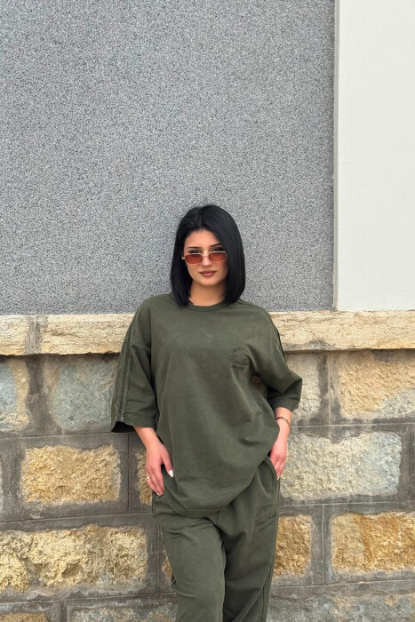 ONE COLOR WRITTINGS T-SHIRT + SWEATPANTS WOMAN SET OLIVE/ULLI - 3