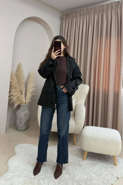 ONE COLOR ZIP UP DRAWSTRING WAIST HOODED WOMEN JACKET BLACK/ E ZEZE - 1