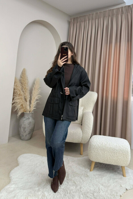 ONE COLOR ZIP UP DRAWSTRING WAIST HOODED WOMEN JACKET BLACK/ E ZEZE - 5