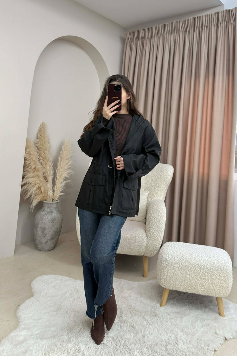 ONE COLOR ZIP UP DRAWSTRING WAIST HOODED WOMEN JACKET BLACK/ E ZEZE - 5