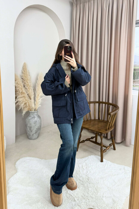 ONE COLOR ZIP UP DRAWSTRING WAIST HOODED WOMEN JACKET BLUE/BLU 