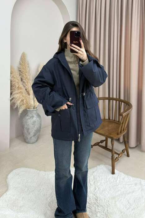 ONE COLOR ZIP UP DRAWSTRING WAIST HOODED WOMEN JACKET BLUE/BLU - 2