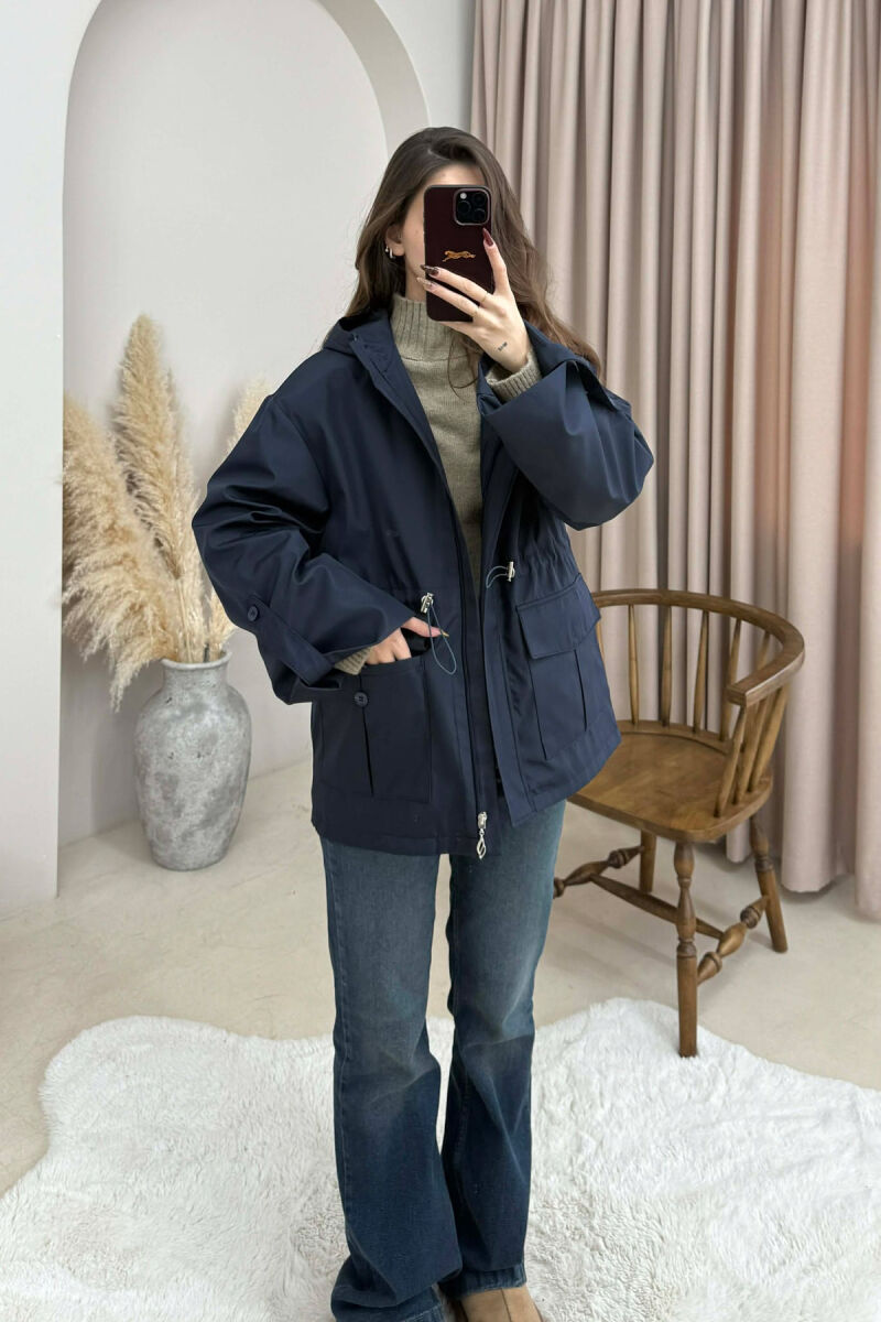 ONE COLOR ZIP UP DRAWSTRING WAIST HOODED WOMEN JACKET BLUE/BLU - 2