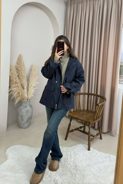 ONE COLOR ZIP UP DRAWSTRING WAIST HOODED WOMEN JACKET BLUE/BLU - 4