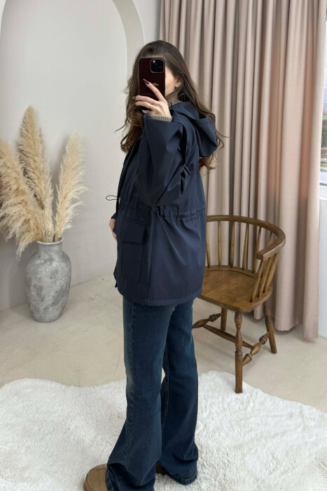 ONE COLOR ZIP UP DRAWSTRING WAIST HOODED WOMEN JACKET BLUE/BLU - 5