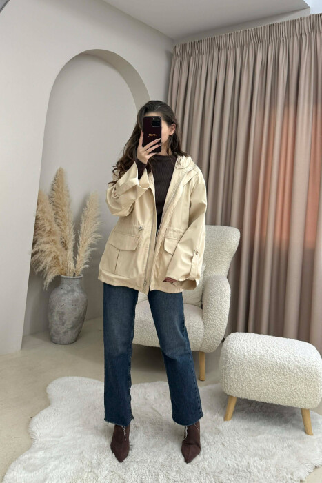 ONE COLOR ZIP UP DRAWSTRING WAIST HOODED WOMEN JACKET CREAM/KREM - KLAUDIO FASHION