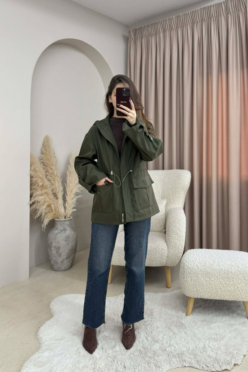 ONE COLOR ZIP UP DRAWSTRING WAIST HOODED WOMEN JACKET GREEN/JESHILE - 1