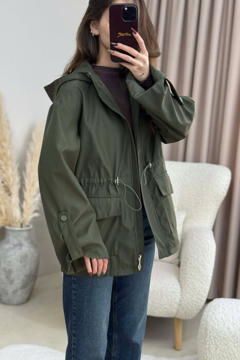ONE COLOR ZIP UP DRAWSTRING WAIST HOODED WOMEN JACKET GREEN/JESHILE - 2
