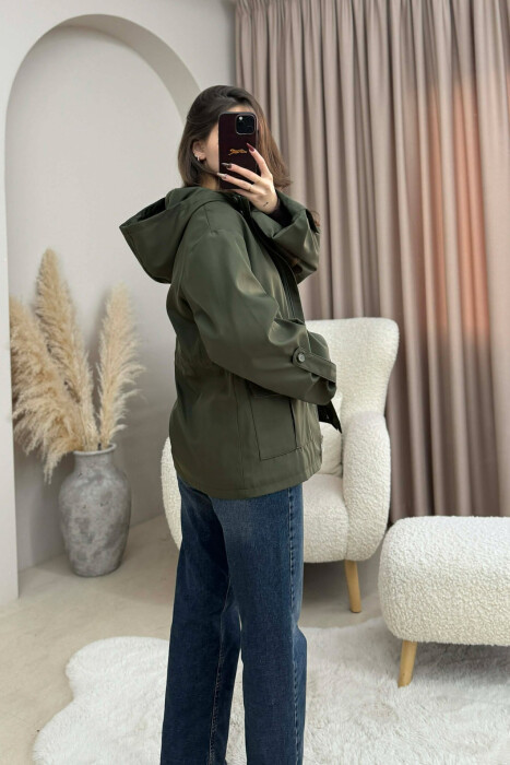 ONE COLOR ZIP UP DRAWSTRING WAIST HOODED WOMEN JACKET GREEN/JESHILE - 3