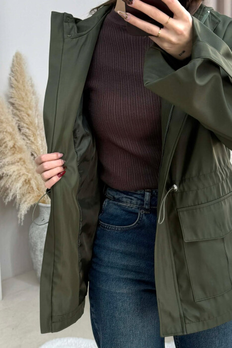 ONE COLOR ZIP UP DRAWSTRING WAIST HOODED WOMEN JACKET GREEN/JESHILE - 4