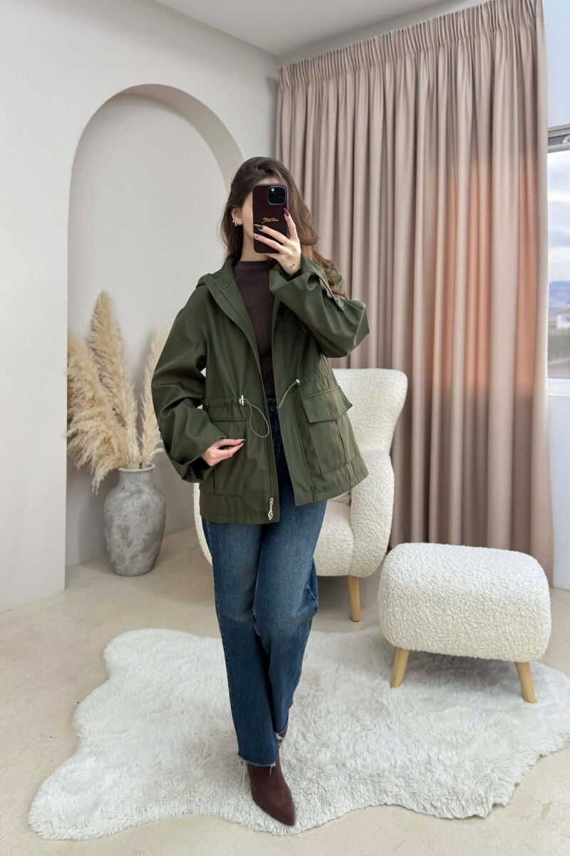 ONE COLOR ZIP UP DRAWSTRING WAIST HOODED WOMEN JACKET GREEN/JESHILE - 5