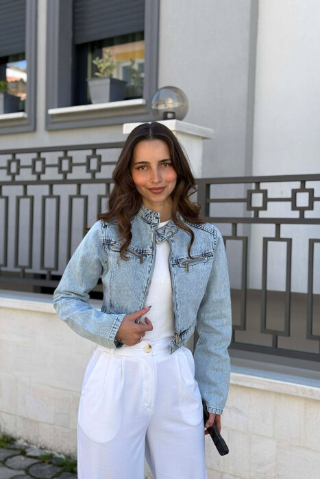 ONE COLOR ZIPPER DENIM WOMAN JACKET LIGHTBLUE/BZ - KLAUDIO FASHION