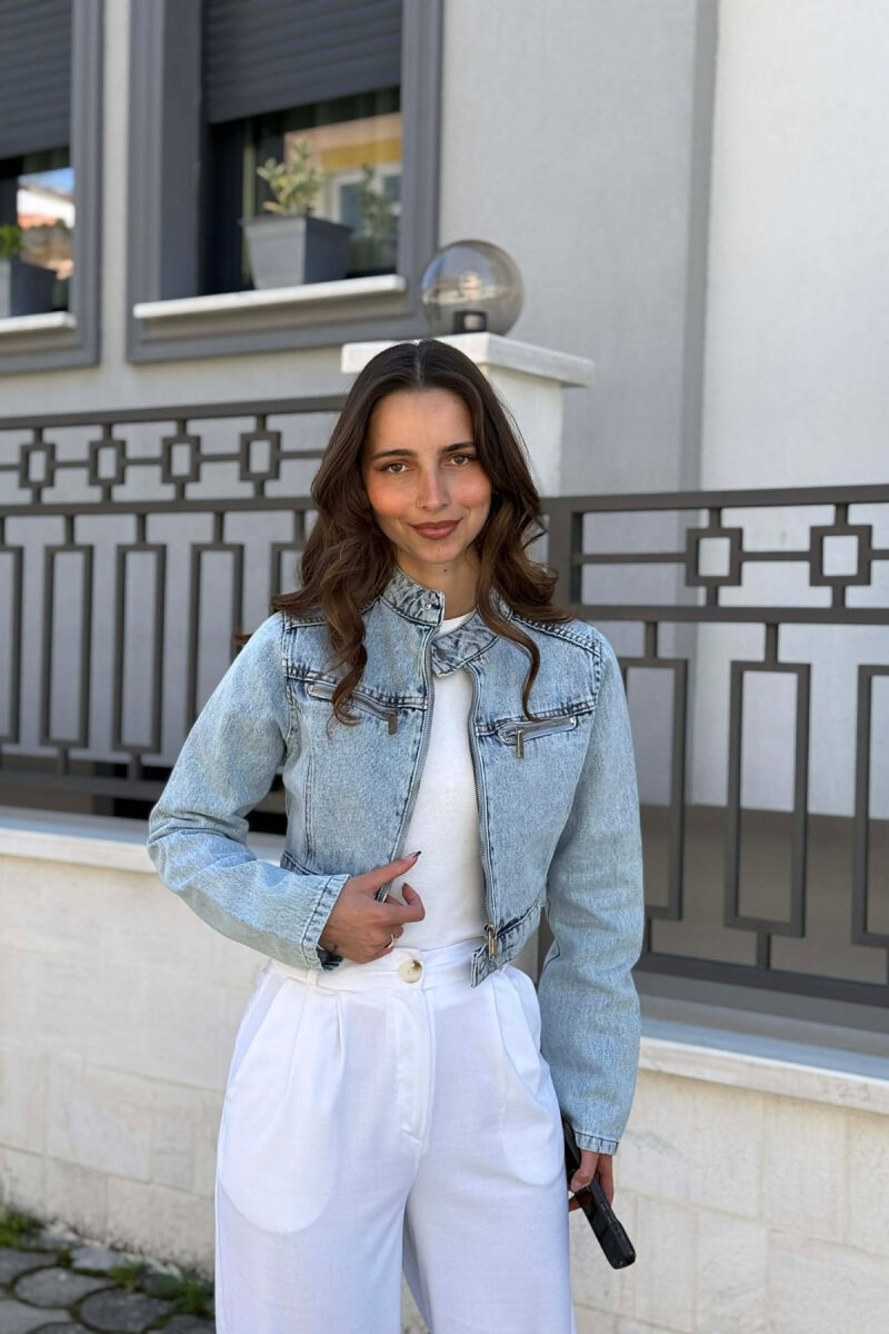 ONE COLOR ZIPPER DENIM WOMAN JACKET LIGHTBLUE/BZ - 1