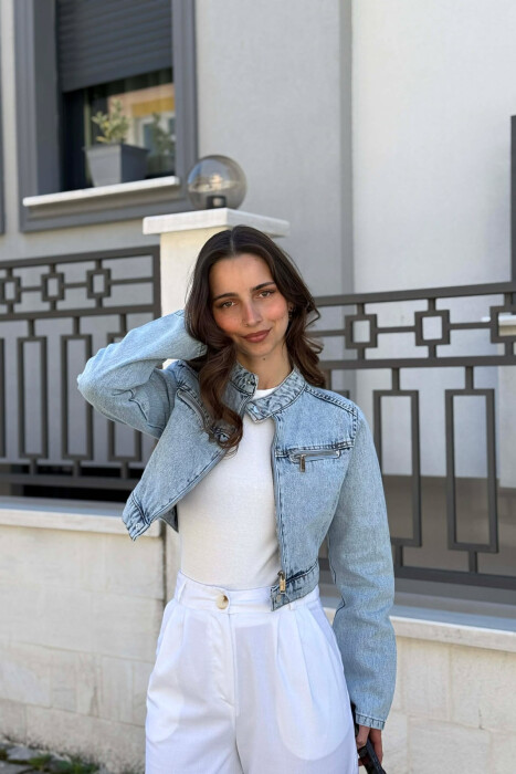 ONE COLOR ZIPPER DENIM WOMAN JACKET LIGHTBLUE/BZ - 6