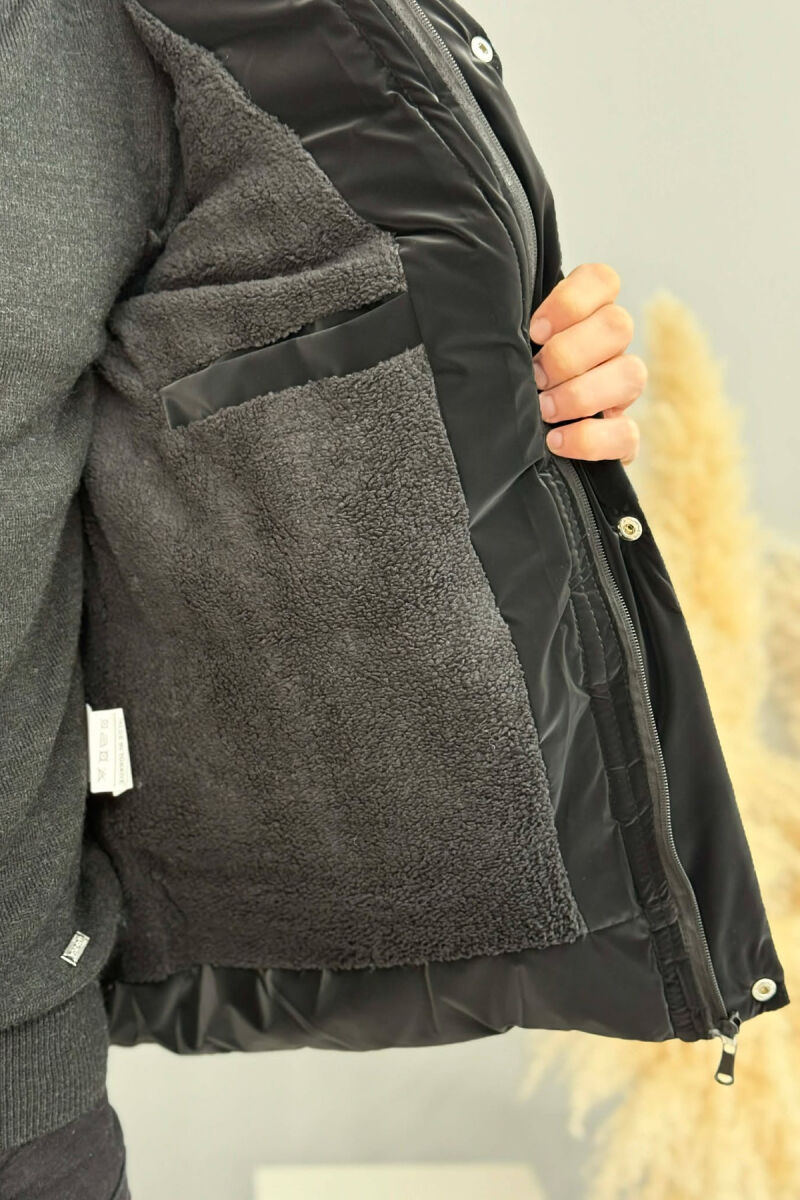 ONE COLOR ZIPPER FLUFFY MEN PUFFER JACKET BLACK/ E ZEZE - 5